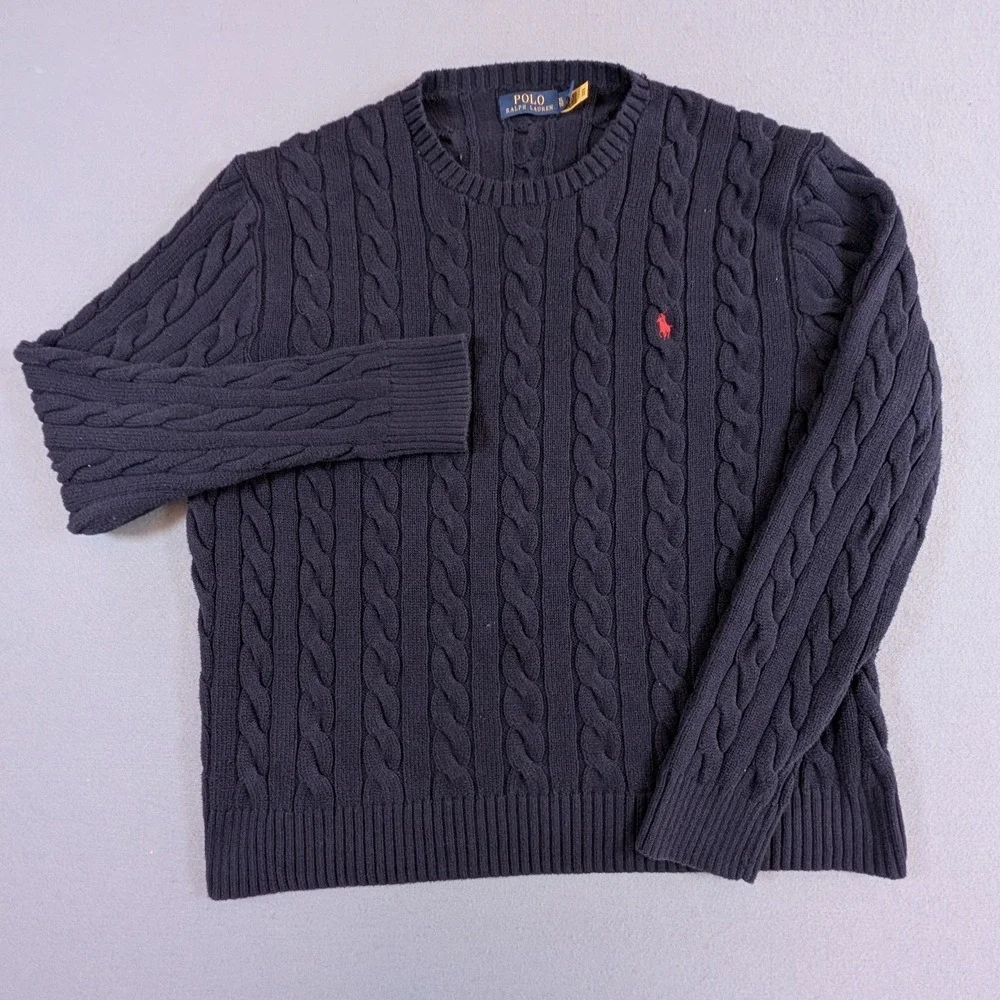 Polo Ralph Lauren‎ Cable Knit Sweater Mens XL Navy Blue Crew Neck Pony Logo